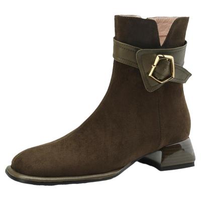 马丁靴粗跟短靴法式复古方头磨砂