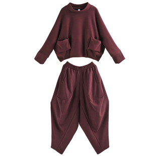 易见25春秋冬新款大码显瘦时尚减龄短上衣灯笼裤阔腿裤两件套装女