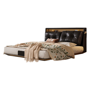 中古风床悬浮床碳素钢铁艺床2米x2米2大床主卧高端大气真皮黑色床