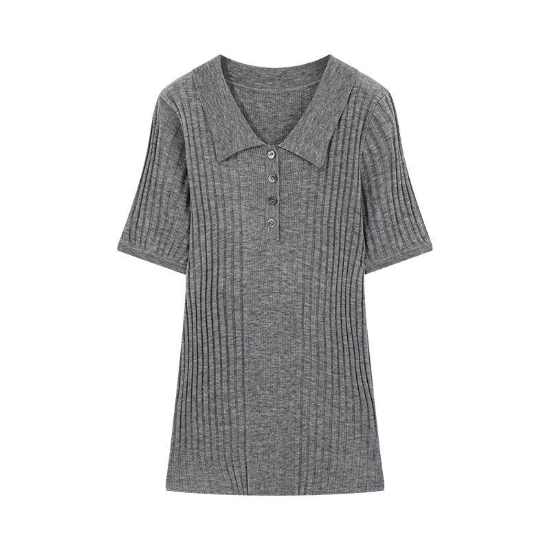 riverstone plus 翻领POLO正肩羊毛针织衫女夏季条纹纯色简约短袖