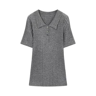 riverstone plus 翻领POLO正肩羊毛针织衫女夏季条纹纯色简约短袖
