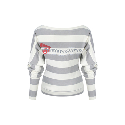 INNERFLOW叛逆画布 春季纯棉浅灰色大条纹红唇印花一字肩舒适上衣