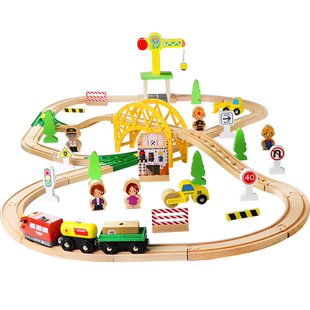EDWONE木质火车套装带轨道滑行拼装木制积木儿童轨道车玩具车男孩