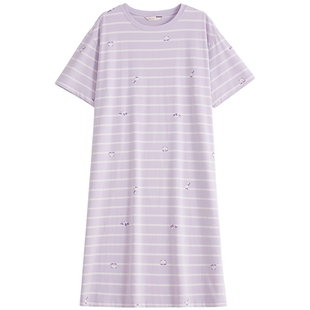 康妮雅秋冬条纹长袖圆领睡裙秋季纯棉女款孕妇宽松睡衣宽松睡衣裙