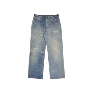 haonanhuang 康利数码印花打印洗水磨白破坏复古宽松直筒牛仔长裤