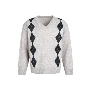 F383 美式复古V领菱格针织衫男女cleanfit套头宽松显瘦百搭毛衣秋