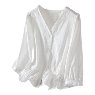 绣花镂空白衬衫女五分袖2026春装新款小个子短款上衣纯棉v领衬衣