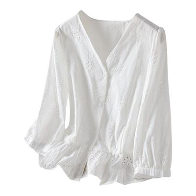初影纯棉绣花镂空白衬衫
