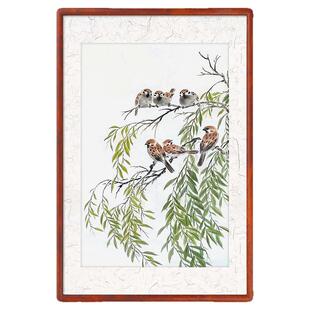 名家手绘麻雀图 柳树画 新春图 多个麻雀画 中式柳树叶 齐白石画