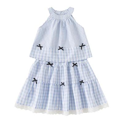 贝贝城蓝格蝴蝶结无袖套装