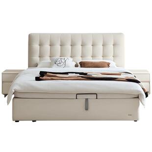 全友家居奶油风防猫抓布艺软包床小户型卧室高箱储物床1米8双人床