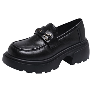 松糕厚底英伦风黑色乐福鞋女春季一脚蹬大头小皮鞋子皮面防水单鞋
