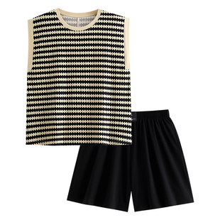 悦内情侣睡衣女夏季无袖背心短裤纯棉家居服男士休闲时尚条纹夏款