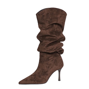 欧美细跟长筒靴女绒面尖头显瘦高筒靴单靴性感高跟长靴褶皱堆堆靴