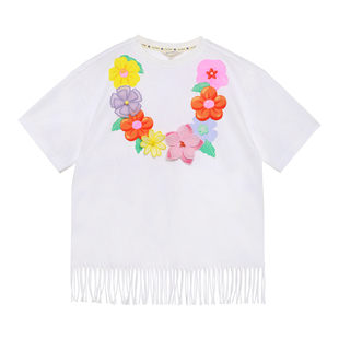 pocoblush原创设计夏威夷鱼尾猫刺绣流苏T恤女童夏季立体印花短袖
