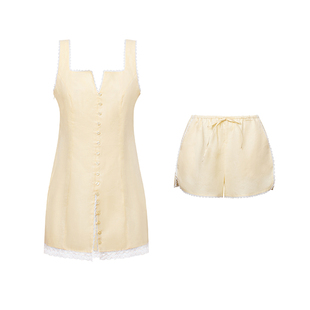 TOP家 法式复古浪漫纯亚麻白色小花边透明黄长款马甲抽绳短裤套装