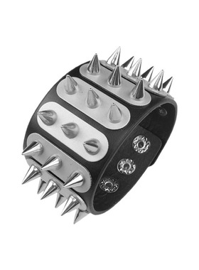 银色铆钉长条云梯黑PU皮朋克手链