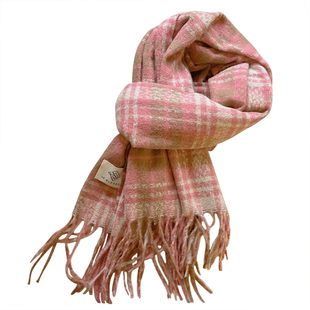 冬季仿羊绒格子围巾女2025新款高级感玫瑰粉韩版百搭复古保暖围脖