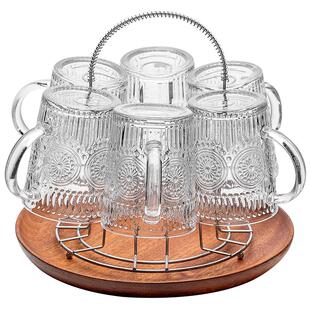 复古浮雕玻璃喝水杯子套装家用待客厅高颜值女带把手牛奶泡茶杯具