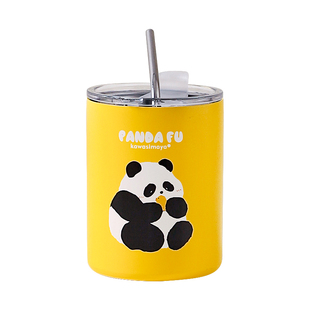 川岛屋熊猫不锈钢咖啡杯办公室高颜值美式外出携带水杯带盖吸管杯