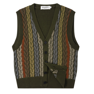 SOARIN【立体扭花】复古针织马甲男 叠穿麻花V领保暖开衫毛衣背心