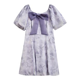 紫涵泡泡袖方领花苞裙女夏季新款甜美减龄休闲收腰显瘦印花连衣裙