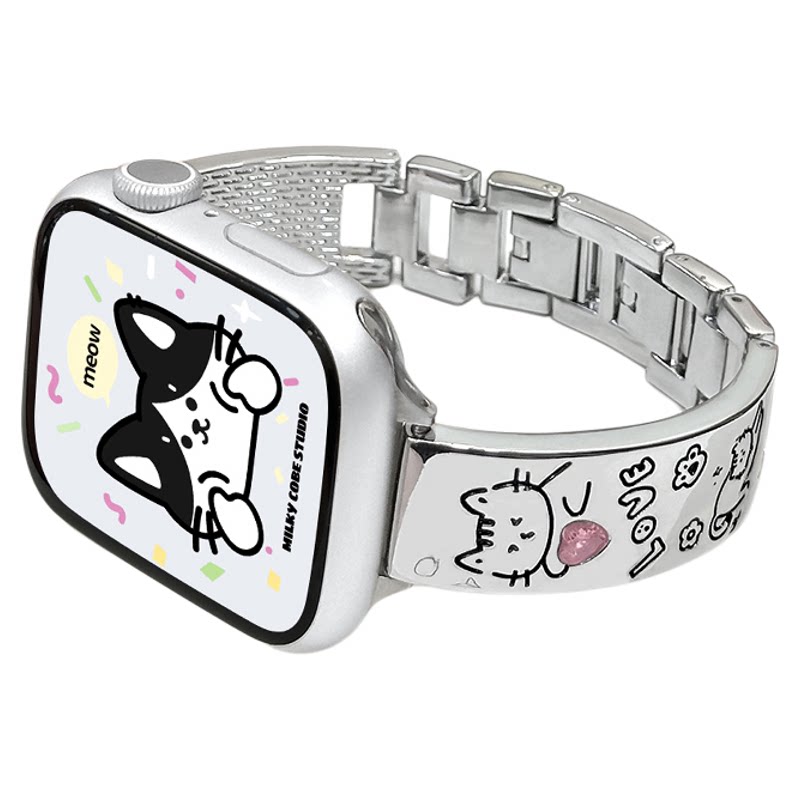 适用iWatch猫咪镶钻手镯金属表带