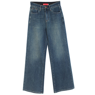 小鹿女秋冬松紧腰牛仔裤中高腰宽松休闲显瘦四面弹力直筒喇叭长裤