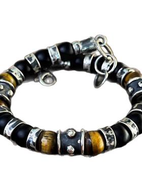 天然虎眼石黑玛瑙纯银男士手链