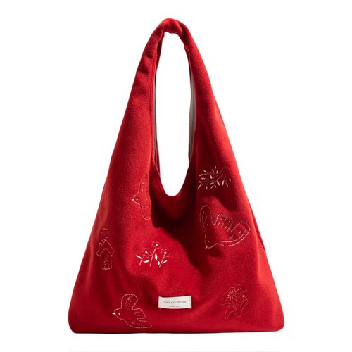 橙子少女韩系ins风刺绣托特包女2025新款红色单肩腋下包大容量包