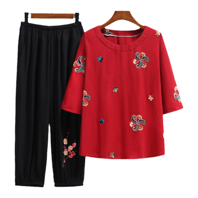 妈妈夏装短袖套装中老年人夏季