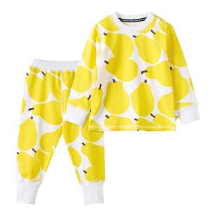 RYSONMOON春夏薄款莫代尔棉a类男女童长袖黄鸭梨空调服家居服套装