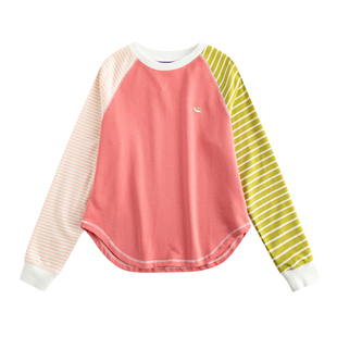 riverstone plus 拼接条纹刺绣圆领卫衣女春季插肩撞色套头上衣
