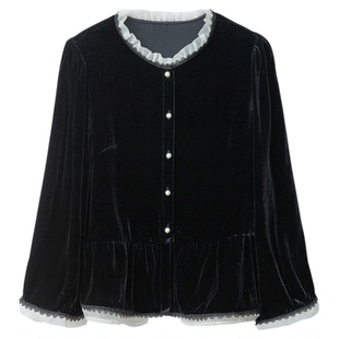 SILVIYE真丝丝绒开衫圆领拼接欧根纱花边正肩上衣长袖桑蚕丝外套