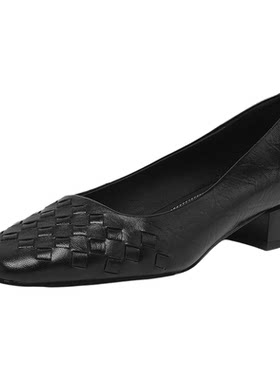 奥莱Nine West/玖熙简约通勤粗跟单鞋女方头套脚皮鞋浅口女鞋