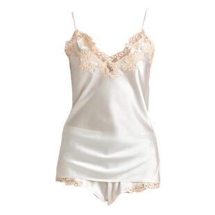 2026新款春夏吊带真丝睡衣短裤套装蕾丝V领露背白色桑蚕丝家居服