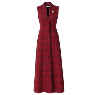 红色格子通勤背心秋冬连衣裙女2025新款气质显瘦长款马甲毛呢裙