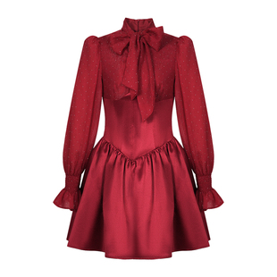 飘带亮闪闪小众设计雪纺连衣裙遮肉显瘦女人味气质轻奢a字裙短款