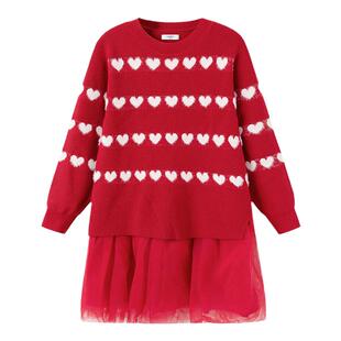 巴拉巴拉女童连衣裙中大童公主裙儿童红色网纱裙秋冬装新款童装潮