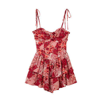 原创设计复古红色碎花吊带裙