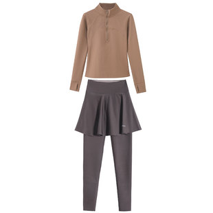加绒加厚运动套装女2026春季新款瑜伽服健身衣裤遮挡裙裤登山卫衣