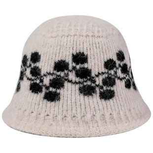 复古提花针织水桶帽子女士2025秋冬新款显脸小保暖毛线盆帽渔夫帽