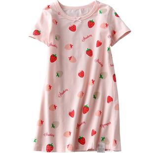 女童睡裙夏款纯棉儿童睡衣宝宝短袖草莓裙子中大童薄款家居服A类