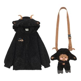 森女部落原创可爱萌趣立体小绵羊黑色绒衫秋冬季保暖连帽厚外套女