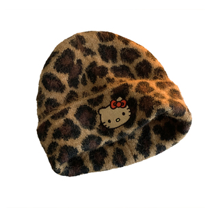 可爱Kitty猫豹纹毛线帽女秋冬季显脸小针织帽大头围保暖包头帽子