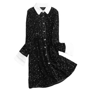 重工亮片撞色相拼翻领丝绒长袖修身女裙赫本风短裙气质连衣裙L082