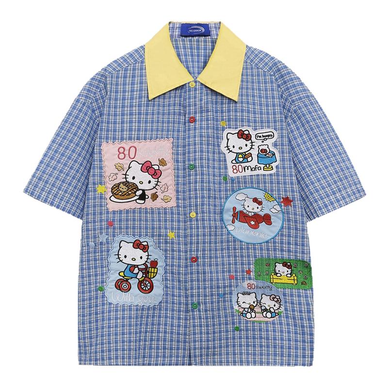 MoCreation 日系Kitty猫刺绣短袖衬衫男女宽松学院风格子夏季穿搭
