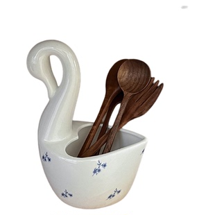 枝悟 碎花陶瓷天鹅杯 法式玫瑰花瓶摆件 厨房勺叉收纳罐 文艺礼物
