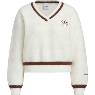 adidas阿迪达斯三叶草女子运动休闲千鸟格V领毛绒针织衫KC2687