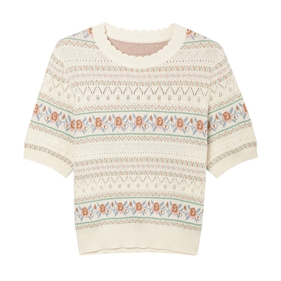 KBNE镂空毛衫米色波嬉风全棉短袖T恤夏季新款显瘦百搭针织上衣女